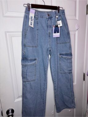 Wax Jean Medium Light Blue Straight-Leg Cargo Jeans for Women